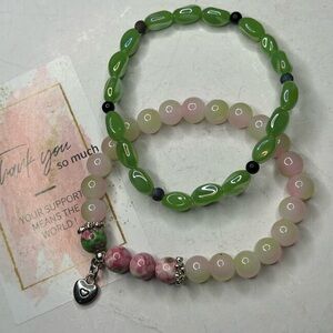 Green & Pink Gemstone Heart Charm Bracelet Set